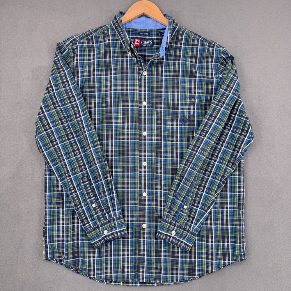 Chaps Button Down Shirt Mens Large Green Blue Plaid Long Sleeve Preppy Classic